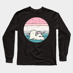 Funny Cute Lazy Unicorn Retro Sunset Distressed Pastel Rainbow Colors Long Sleeve T-Shirt